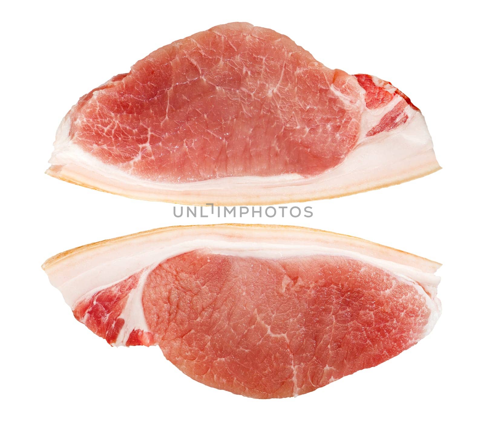 Pieces of raw pork. Two pieces of fresh pork meat isolated on a white background. Isolate slices of pork for inserting into a design, project, for an advertising banner or for a packaging label