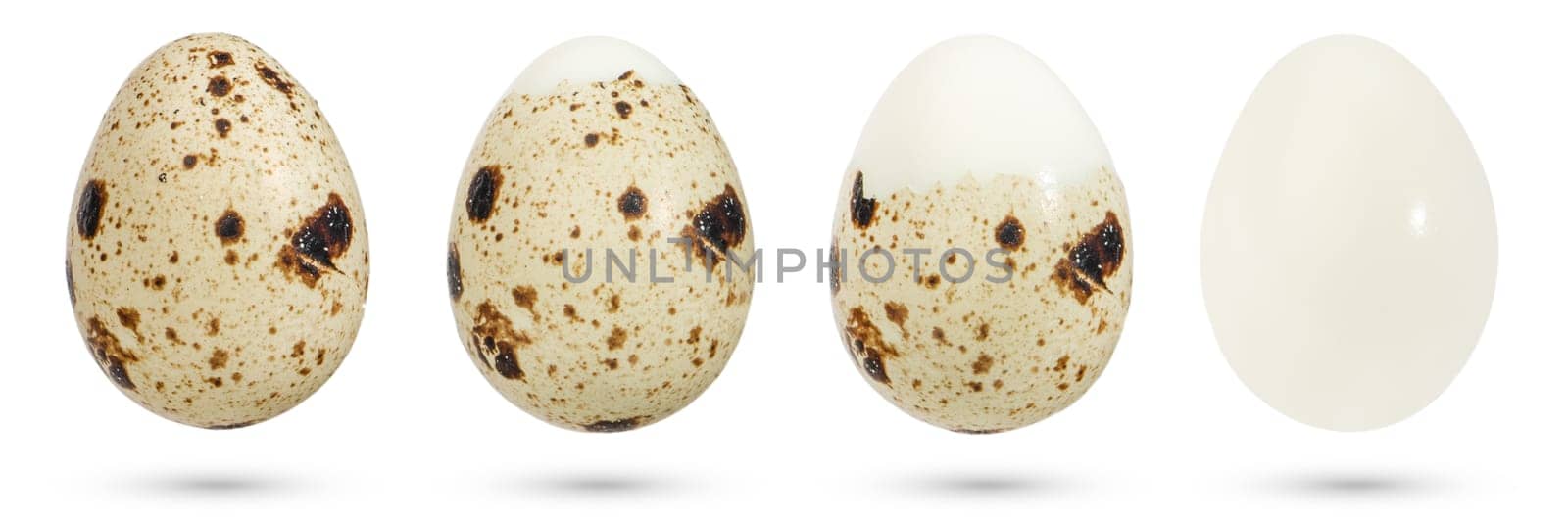 Quail eggs. Boiled eggs in the process of peeling the shell on a white isolated background. The concept of boiled eggs, cooking diet food, healthy eating. by SERSOL