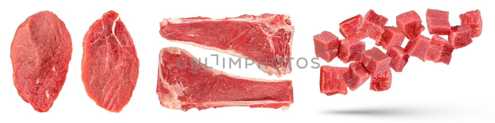 Pieces of beef. Set of large pieces of beef, with a bone, isolated on a white background. Pieces and cubes of juicy beef, isolated on a white background, for insertion into a design or project. by SERSOL