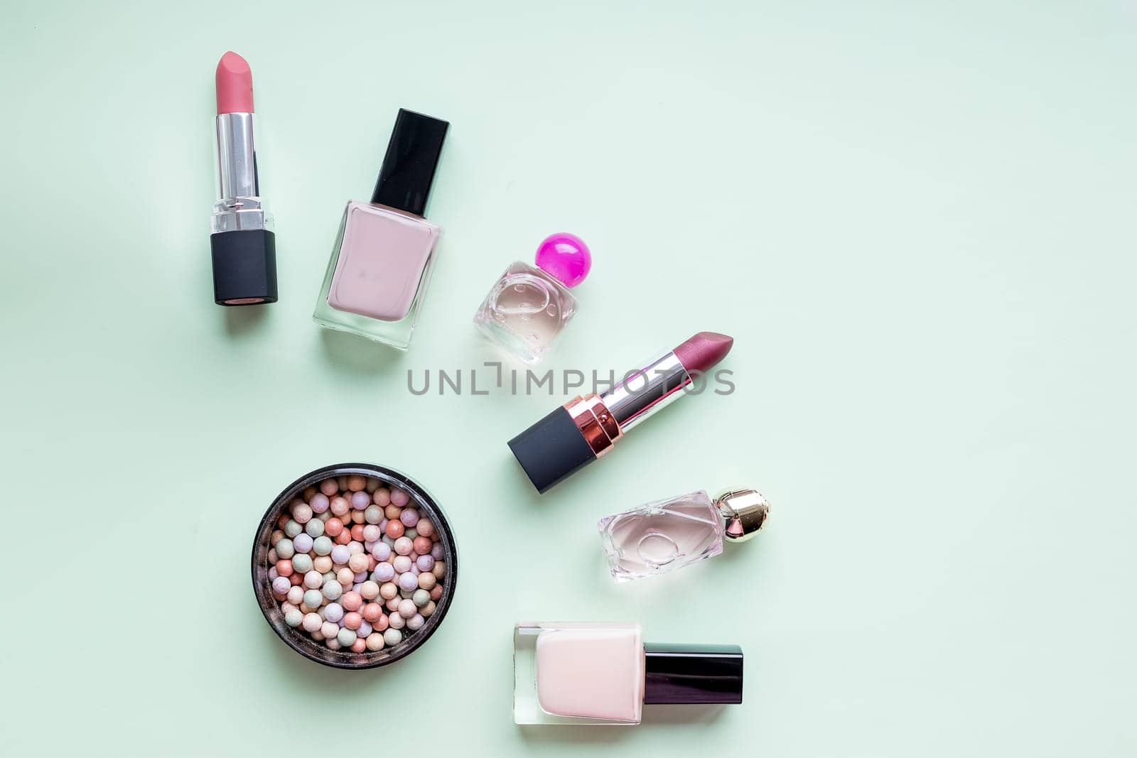 Trendy arranged flat lay fashion and beauty retail products with copy space.