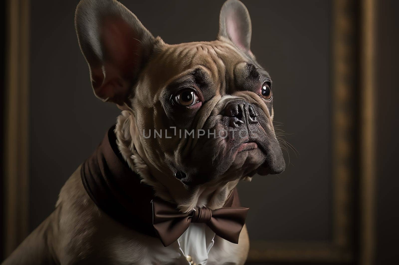 A dog, brown stylish French bulldog in a brown bow tie, sitting indoors in the evening light. Ai generative