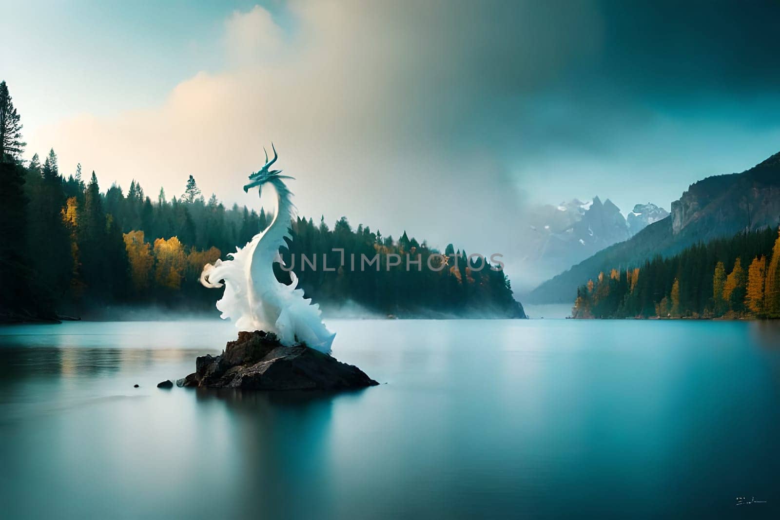 A painting of a friendly dinosaur with a mountain in the background. Fantasy friendly dragon portrait. Surreal artwork of dragon from medieval mythology.