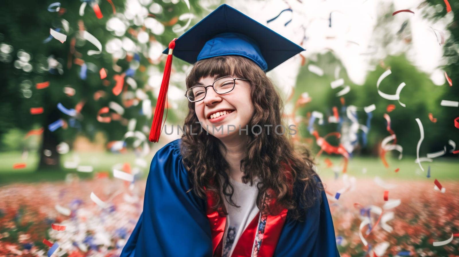 Happy Caucasian female graduating student celebrating Graduation. School graduation. Generative ai