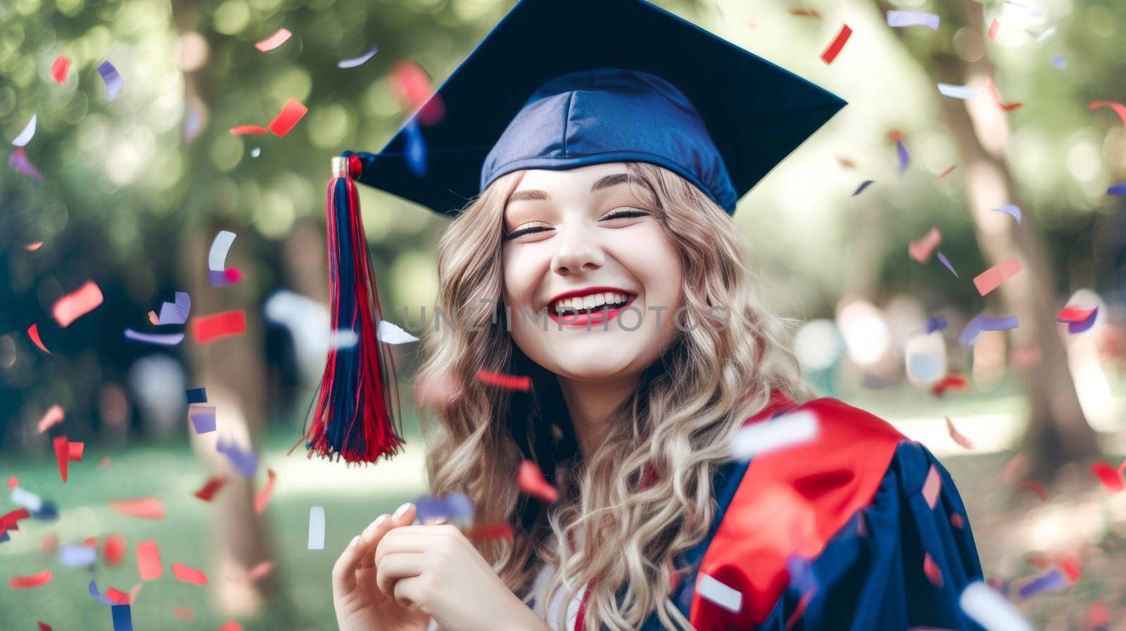 Happy Caucasian female graduating student celebrating Graduation. School graduation. Generative ai