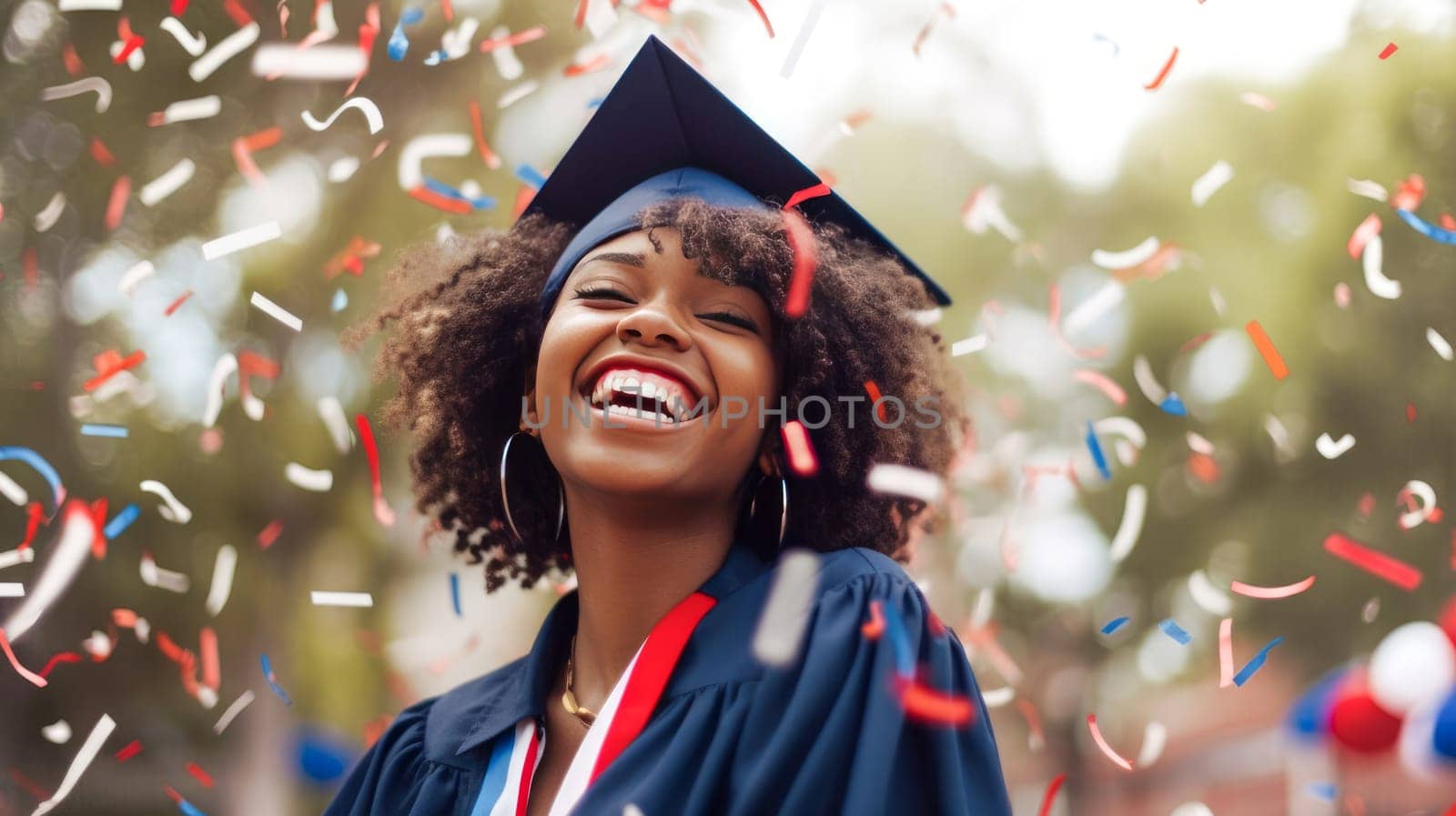 Happy African American female graduating student celebrating Graduation. School graduation. Generative ai
