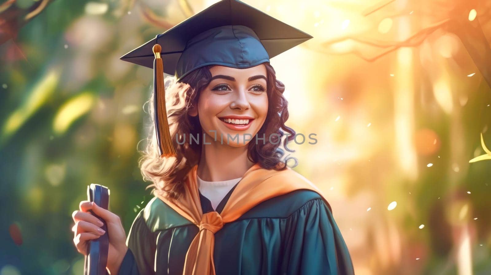 Happy arabian female graduating student celebrating Graduation. School graduation. Generative ai.