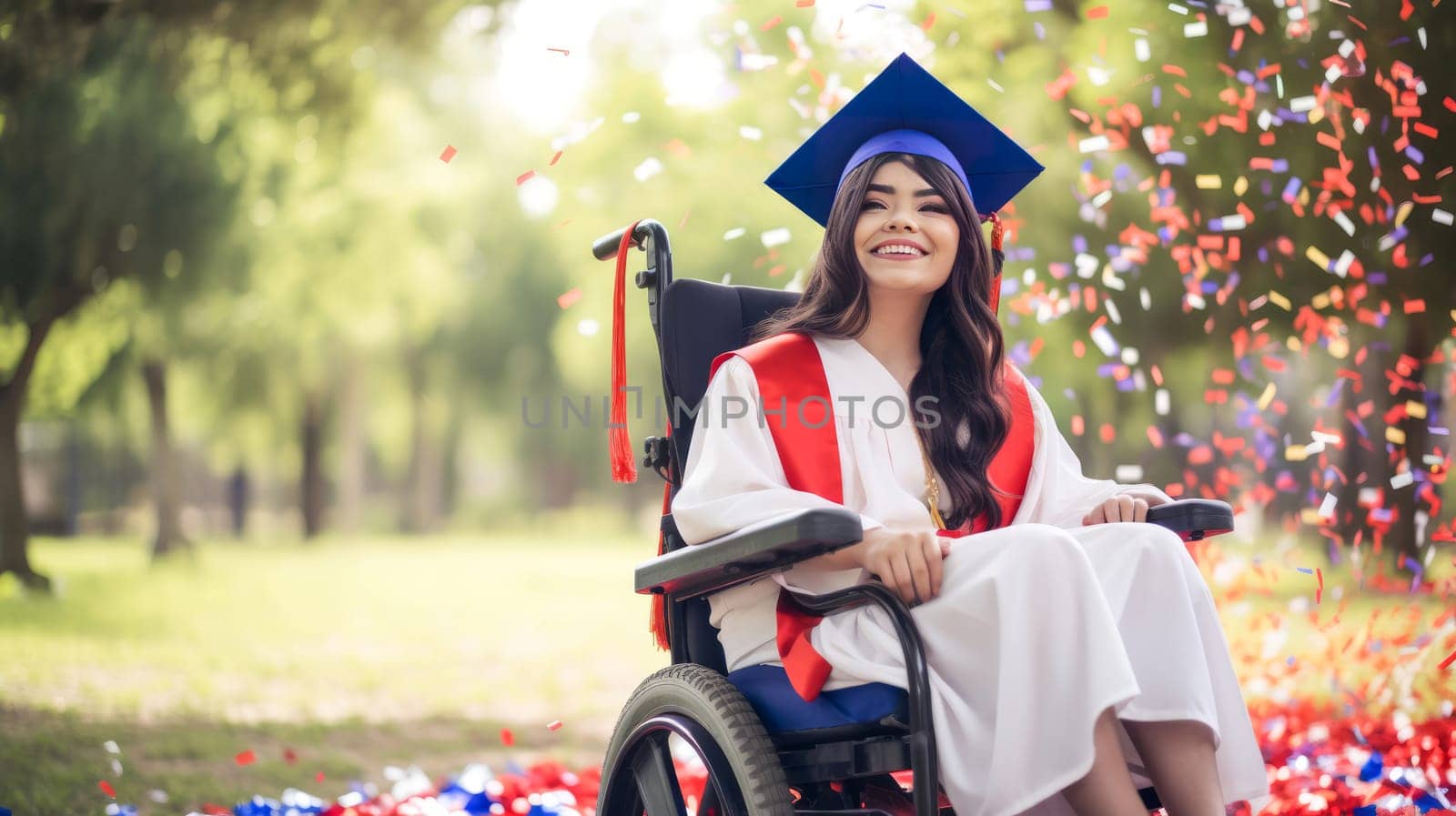 Happy caucasian female graduating student on wheelchair celebrating Graduation. Disabled handicapped teenager. School graduation. Generative ai