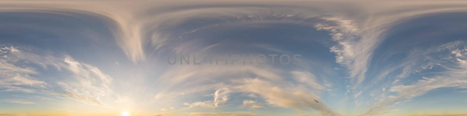 Dark blue sunset sky panorama with pink Cumulus clouds. Seamless hdr 360 pano in spherical equirectangular format. Full zenith for 3D visualization, game, sky replacement for aerial drone panoramas