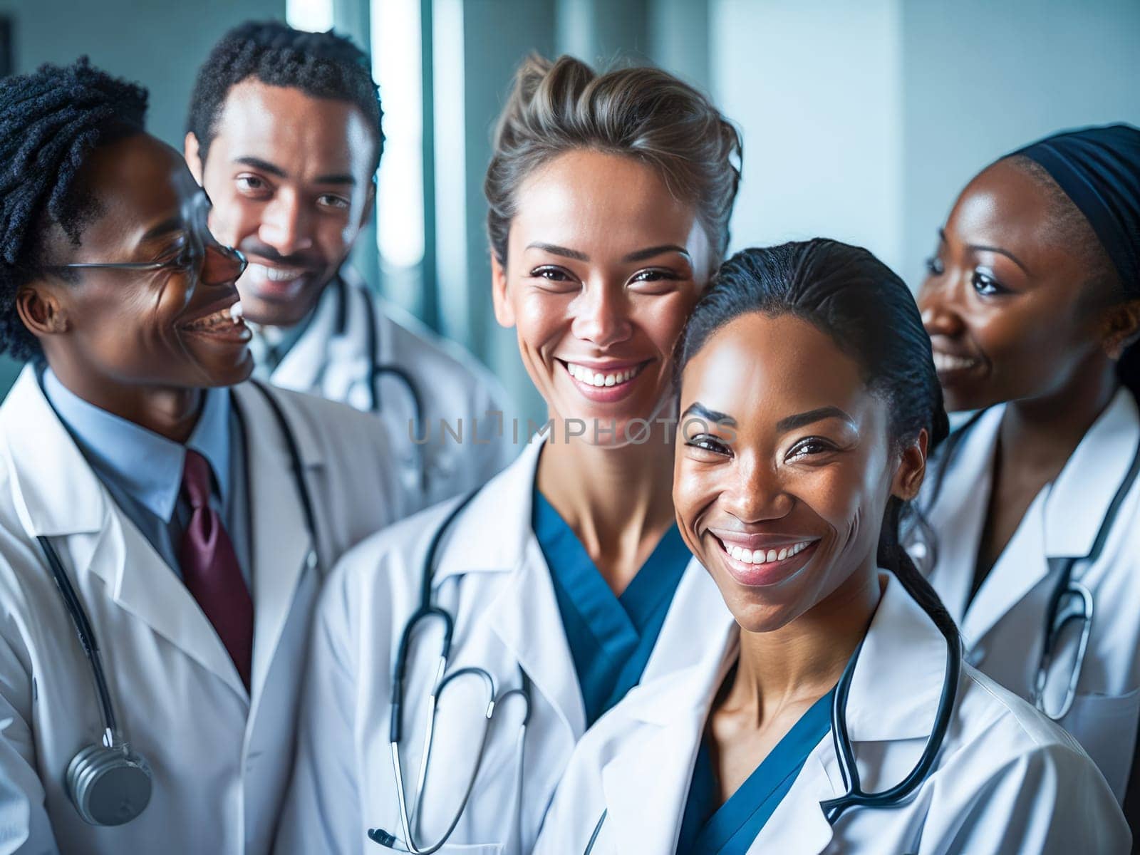 Successful diverse team of medical doctors are looking at camera and smiling while standing in hospital. Generative Ai.