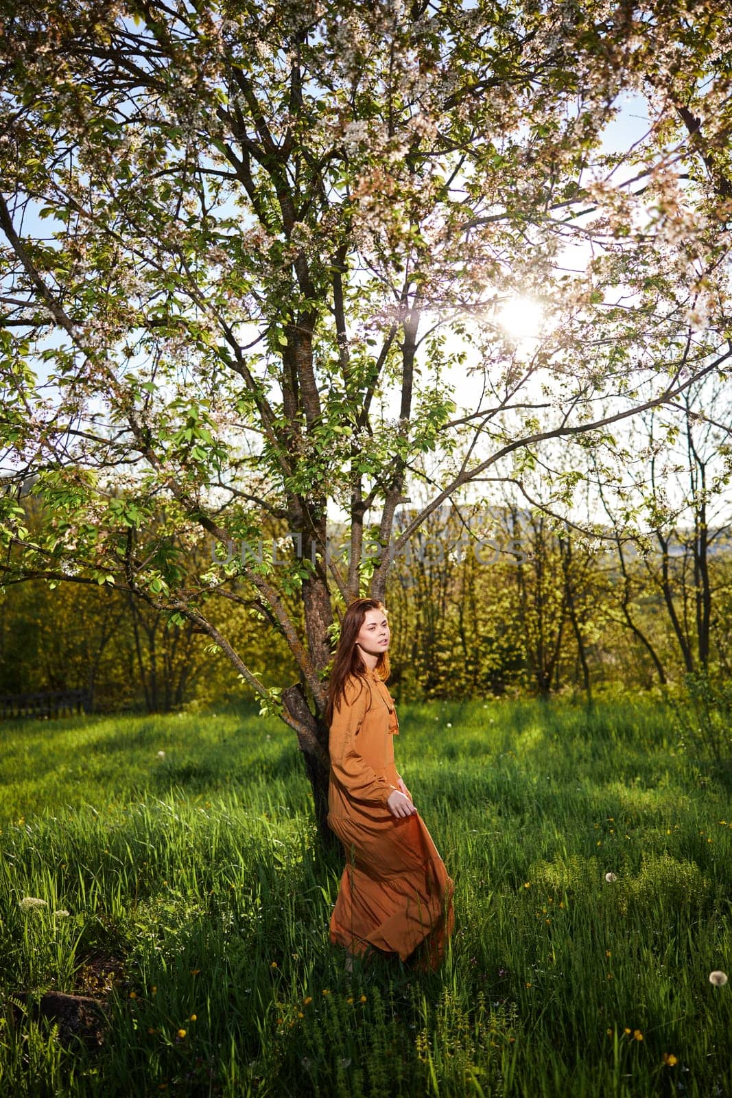 a sweet, modest, attractive woman with long red hair stands in the countryside near a flowering tree and lifts the hem of her dress up by Vichizh