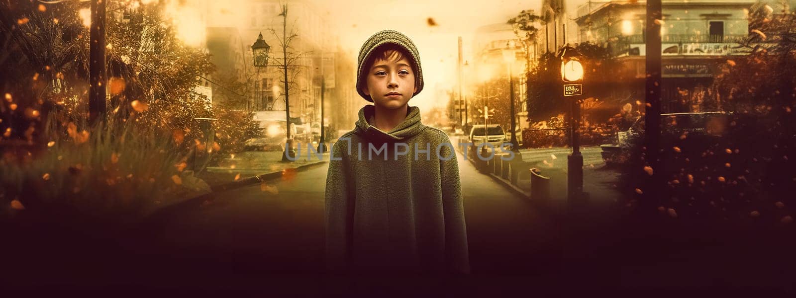 portrait of an orphan child, abandoned in the city, banner, world orphan day, made with Generative AI by Edophoto