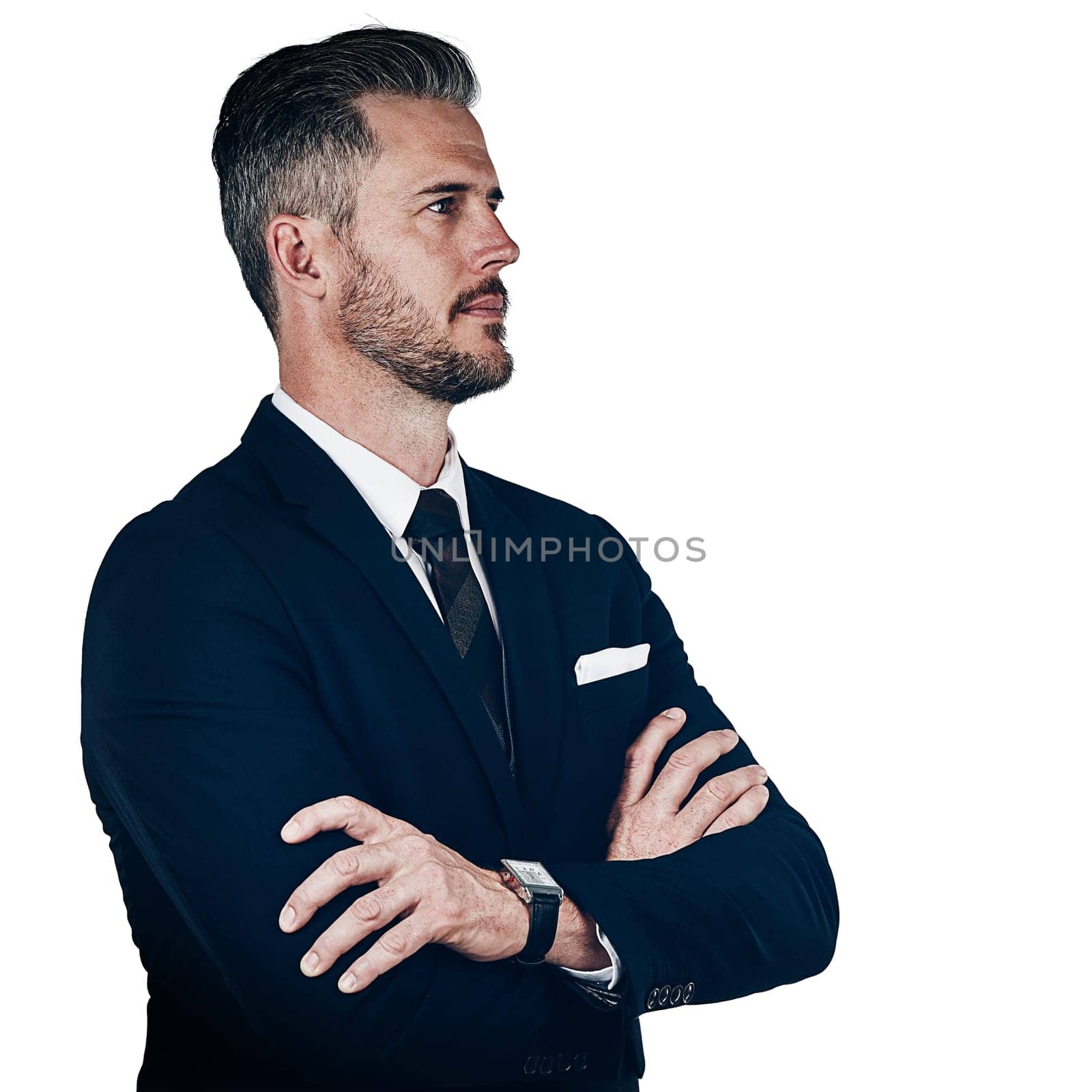 Think success, get success. Studio shot of a confident businessman posing against a white background. by YuriArcurs