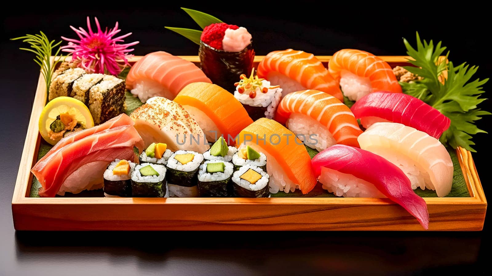 variations of sushi on a wooden board, Asian food, banner, made with Generative AI. High quality illustration