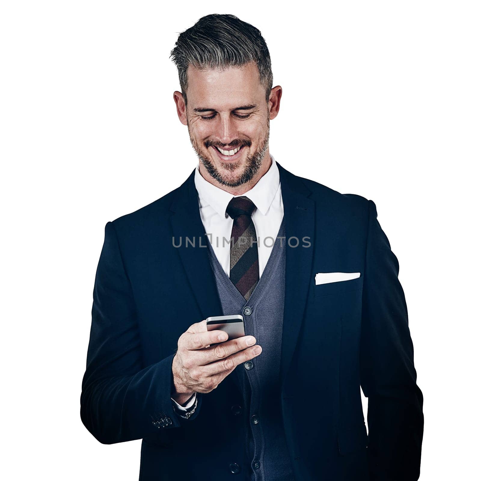 Good news sent right to his phone. Studio shot of a businessman using a mobile phone against a white background. by YuriArcurs