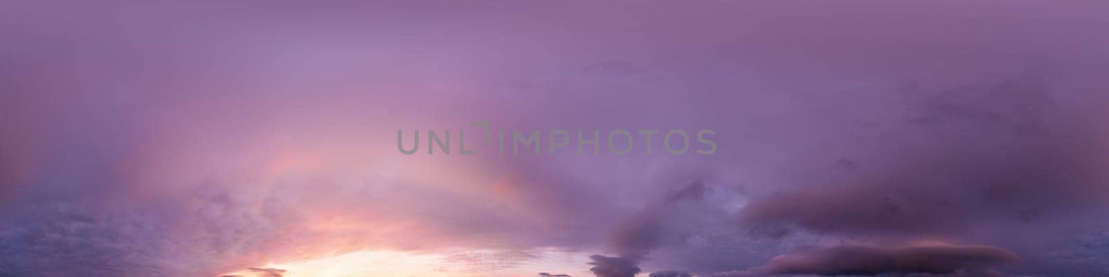 Sunset sky panorama with bright glowing pink Cumulus clouds. HDR 360 seamless spherical panorama. Full zenith or sky dome for 3D visualization, sky replacement for aerial drone panoramas. by Matiunina