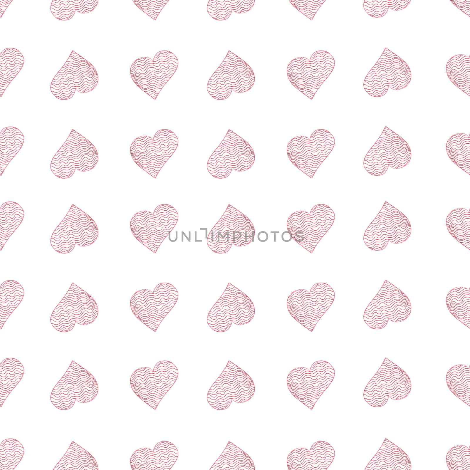 Seamless Pattern with Hearts. Hand Drawn Valentines Background. Red Hearts on White Background. Digital Paper Drawn by Colored Pencils.