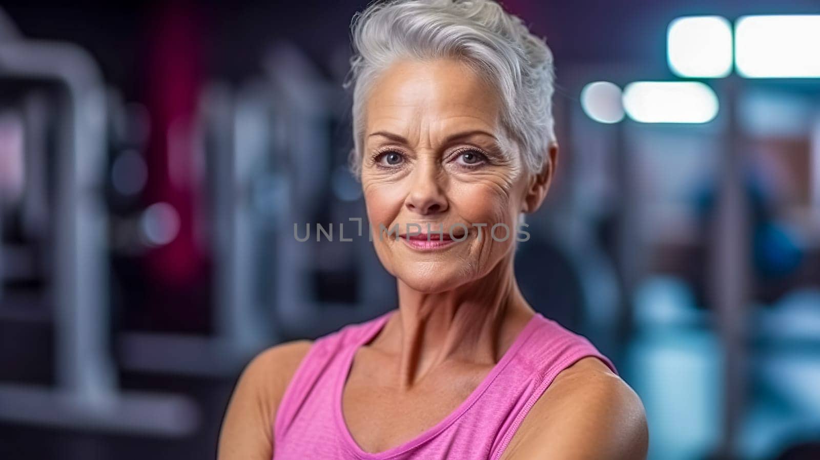 senior fitness woman in sportswear, healthy lifestyle concept, exercise for a beautiful figure, banner with copy space, made with Generative AI.