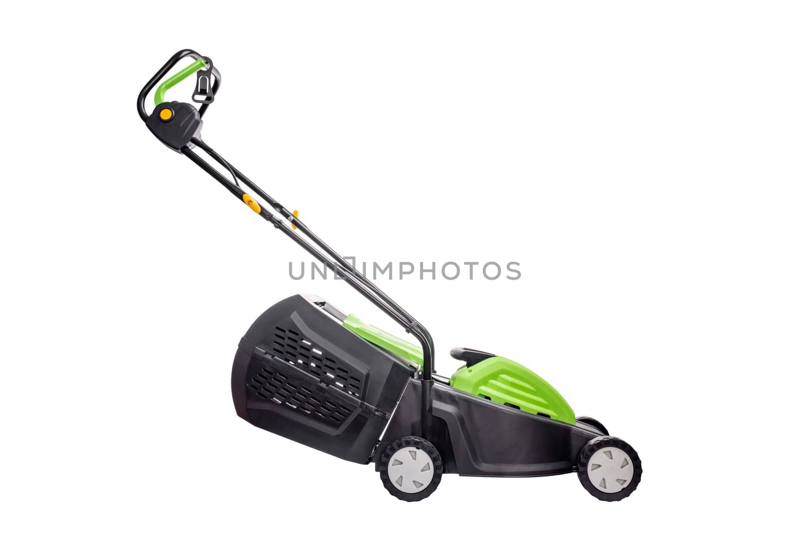 Garden electric lawn mower with a grass collector isolated on white background. Lawn mower