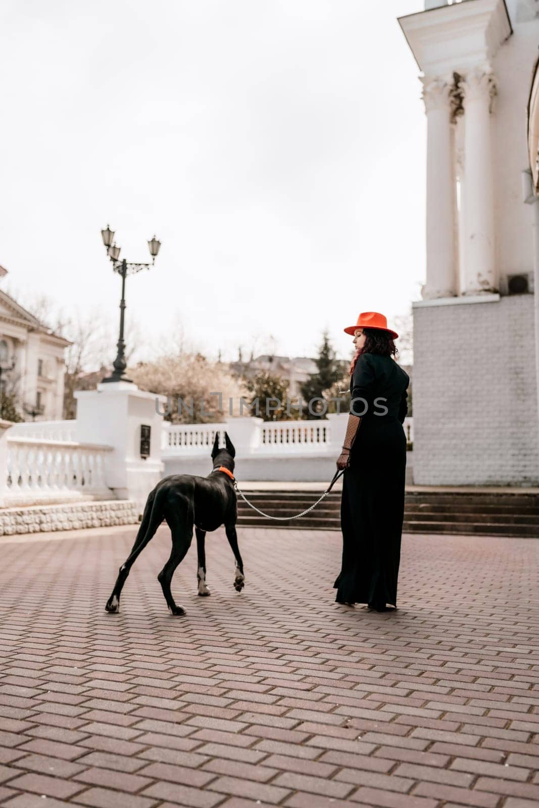 A photo of a woman and her Great Dane walking through a town, taking in the sights and sounds of the urban environment.