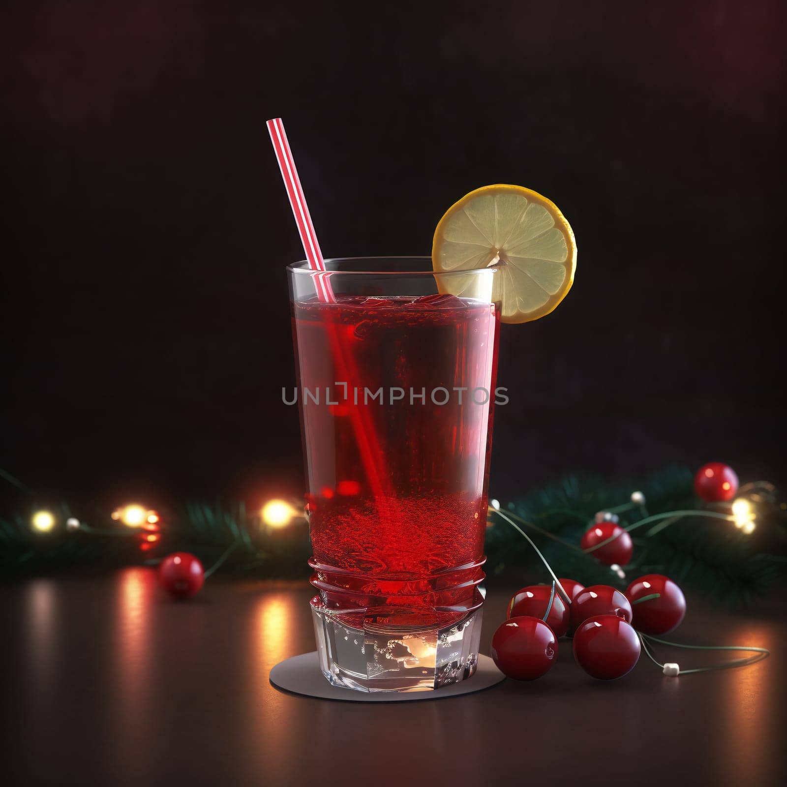 Refreshing drink with cranberries and lemon on dark stone background. Christmas cocktail.