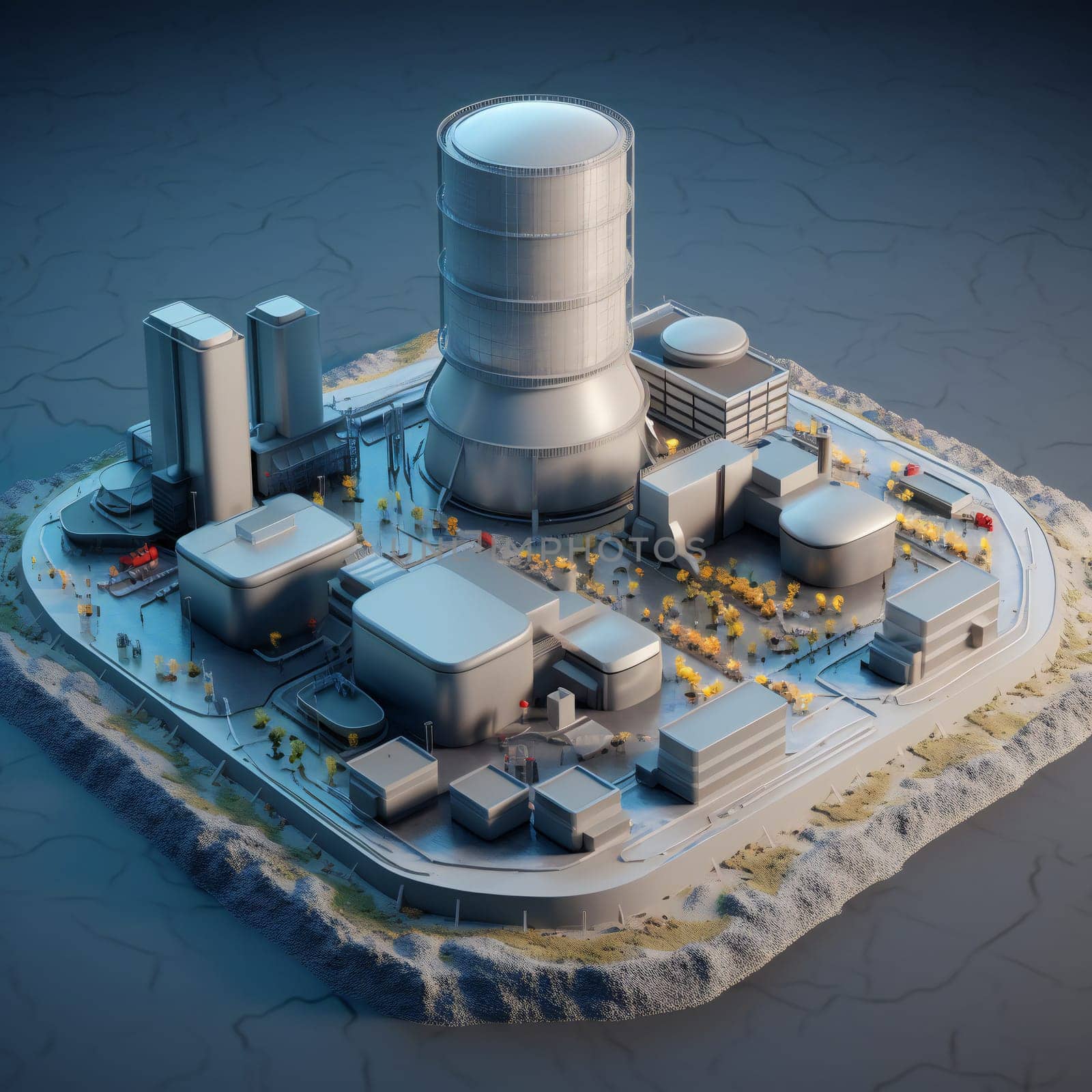 3d illustration. Model of a nuclear power plant. Isometric view. generative ai by juliet_summertime