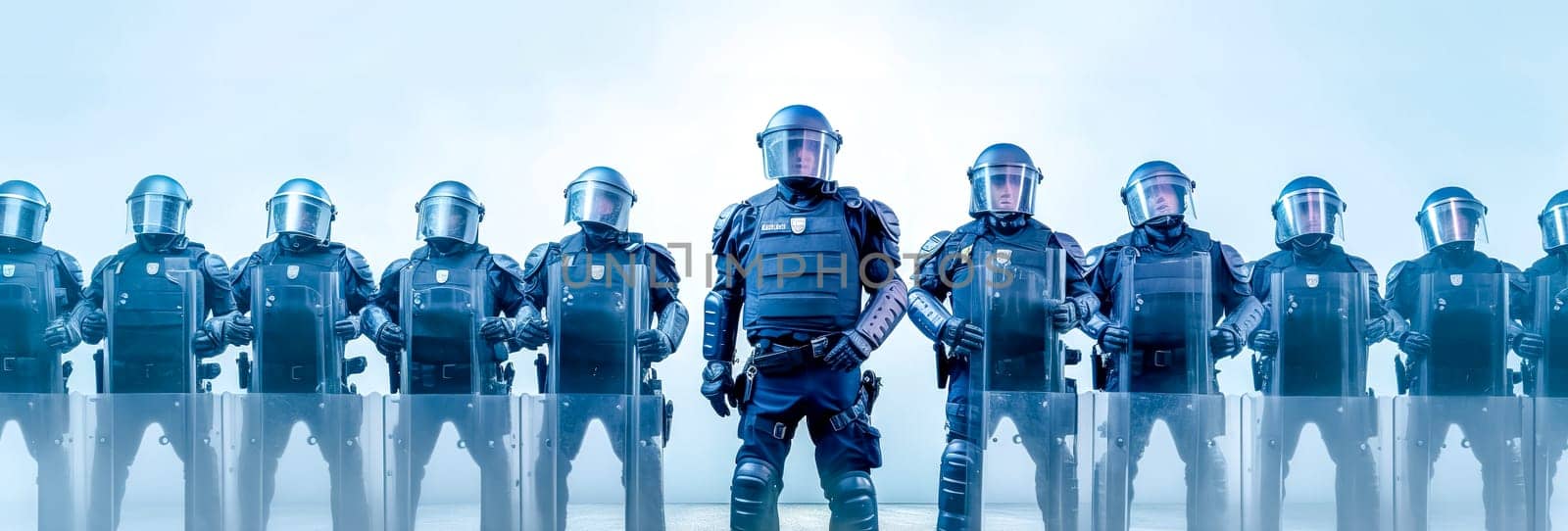 police response unit to control protest and riot in the city, banner, made with Generative AI. High quality illustration