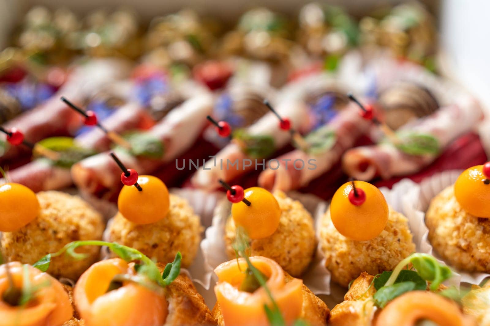 Catering service. Set of beautiful canapes. Buffet table. Shallow depth of view. by Matiunina