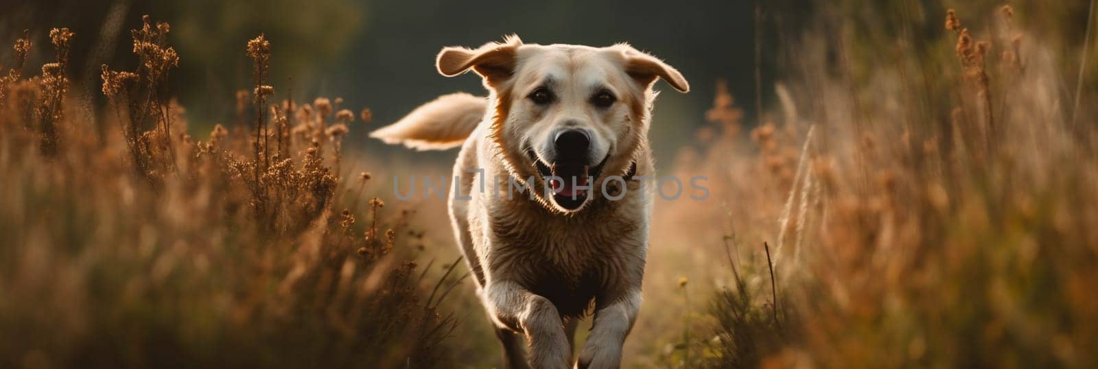 cute funny dog running in meadow looking in camera. banner. generative ai by juliet_summertime
