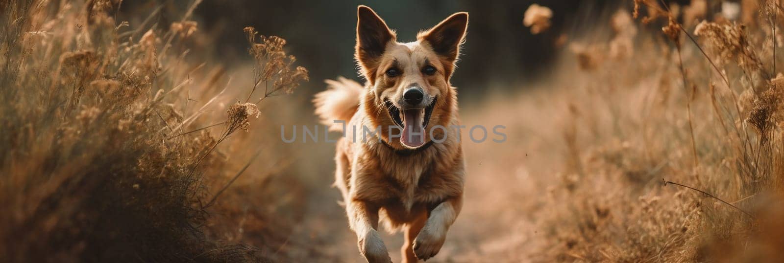 cute funny dog running in meadow looking in camera. banner.