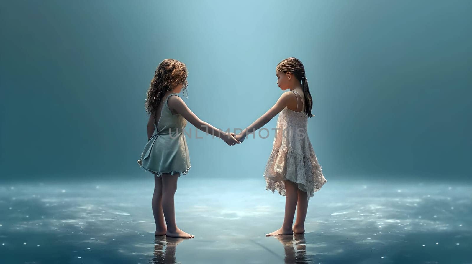 Two little girls looking at each other and holding hands. The concept of friendship