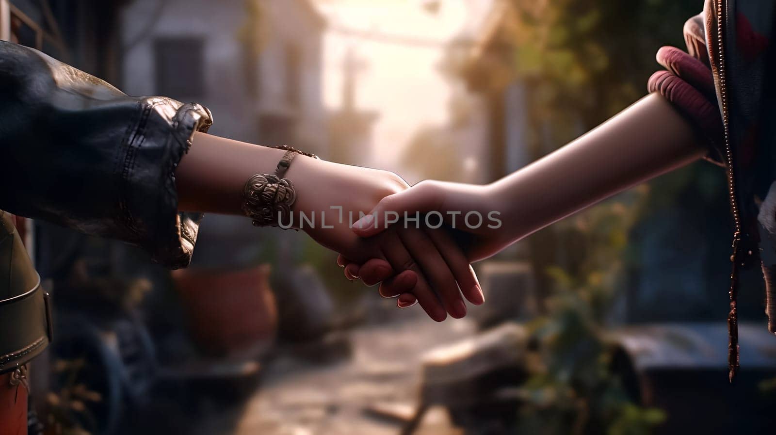 Two girls holding hands against the backdrop of the city, sunrise or sunset. Friendship