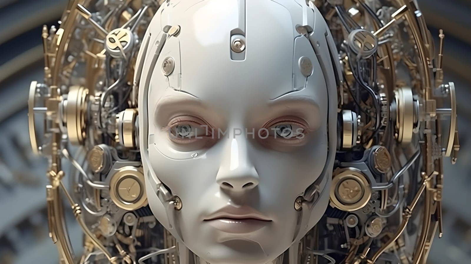 Human-like robot head on a technological background. The concept of artificial intelligence. Neural networks