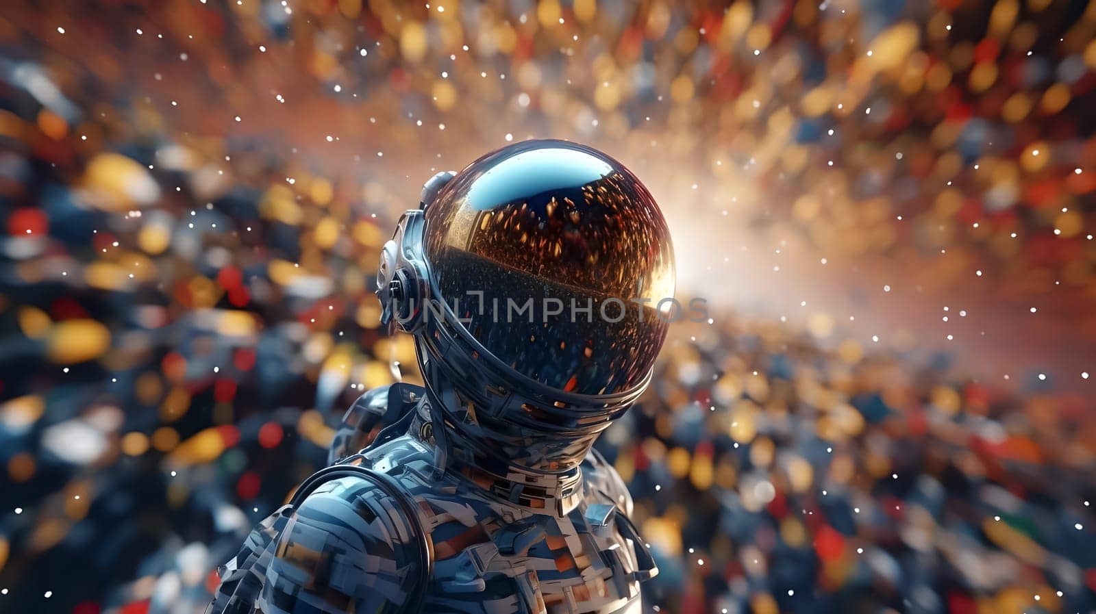 A man in a futuristic spacesuit inside a neural network. Abstraction. The concept of neural networks