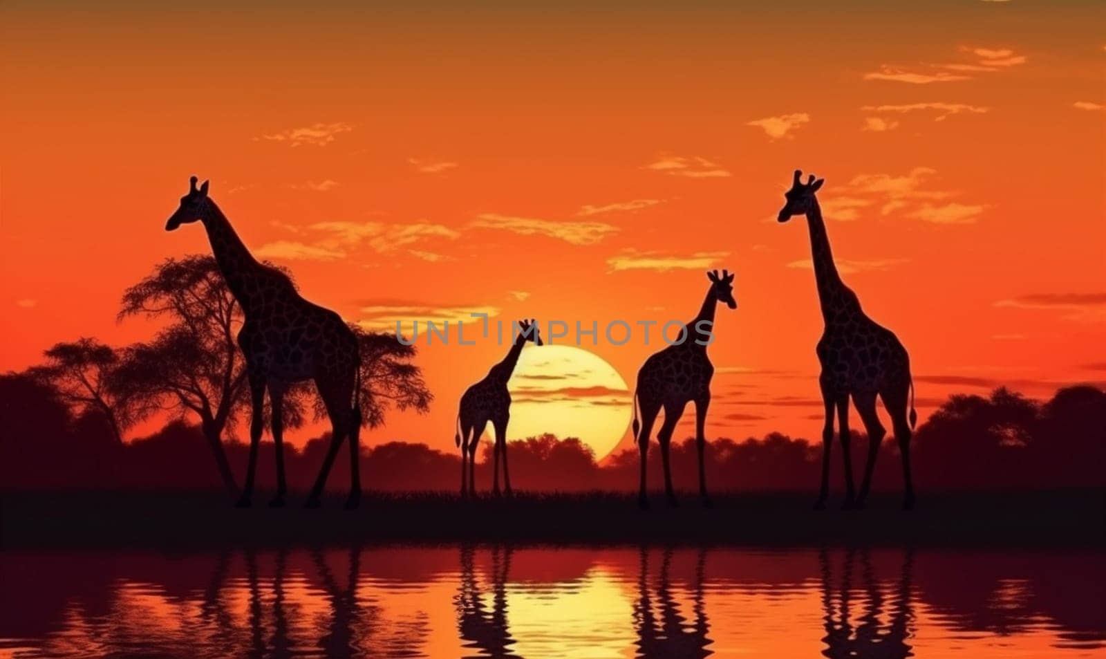 scene mammal kenya sunset jungle silhouette africa safari elephant orange giraffe sunrise park animal wild wildlife evening nature savanna. Generative AI.