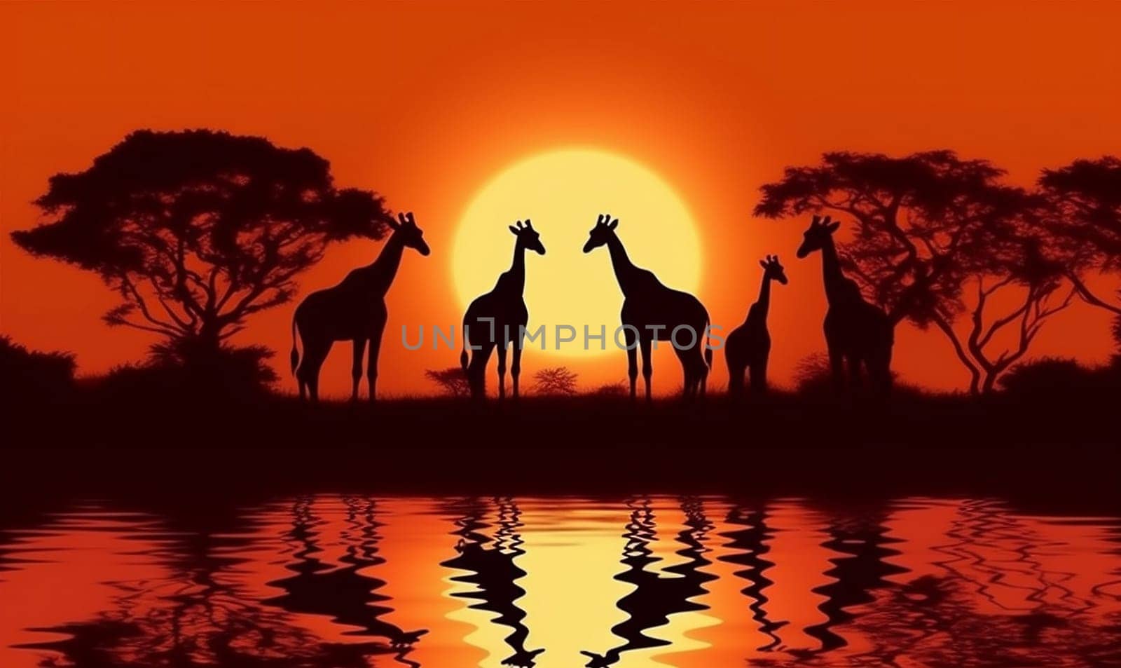 wildlife silhouette africa sunset travel savanna natural safari african animal nature tree wild elephant lion sun sky mammal acacia giraffe. Generative AI.
