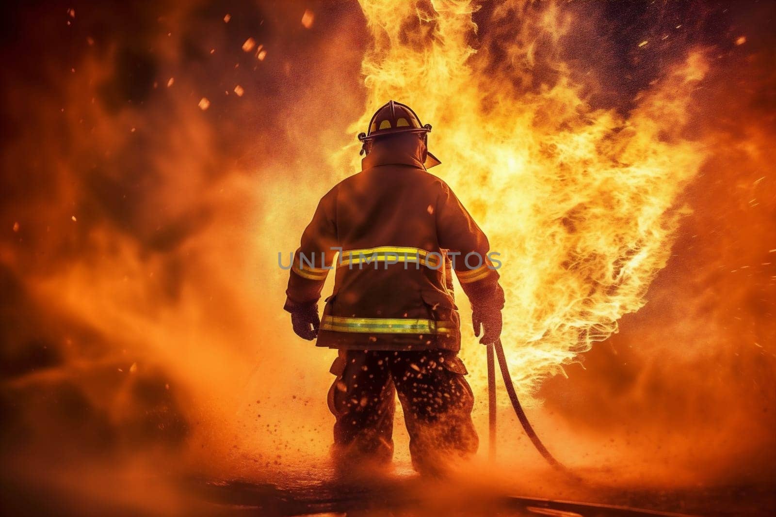 firefighter fire night heat smoke emergency explosion rescue blaze fighter spray work adult equipment factory safety fireman water danger nozzle uniform. Generative AI.