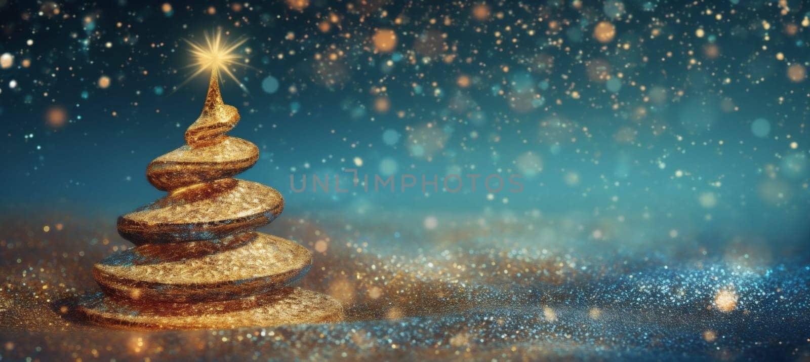 christmas gold background poster ball tree greeting blue holiday decoration toy. Generative AI. by SHOTPRIME