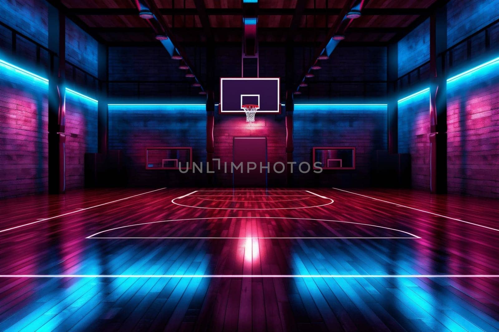 score game basketball corridor background wall three-dimensional hoop net floor space arena match interior light neon hall room empty competition tunnel indoor. Generative AI.