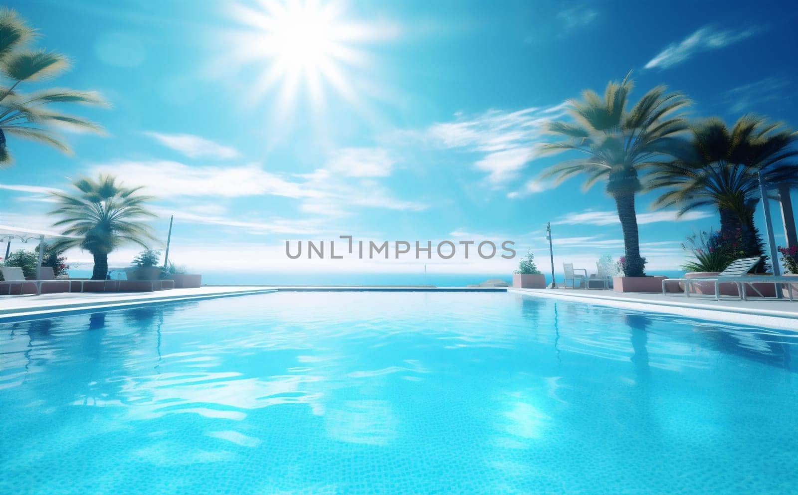 architecture large water pool hotel swimming home backyard vacation turquoise summer blue patio sun outdoor luxury palm lifestyle relaxation clean. Generative AI.