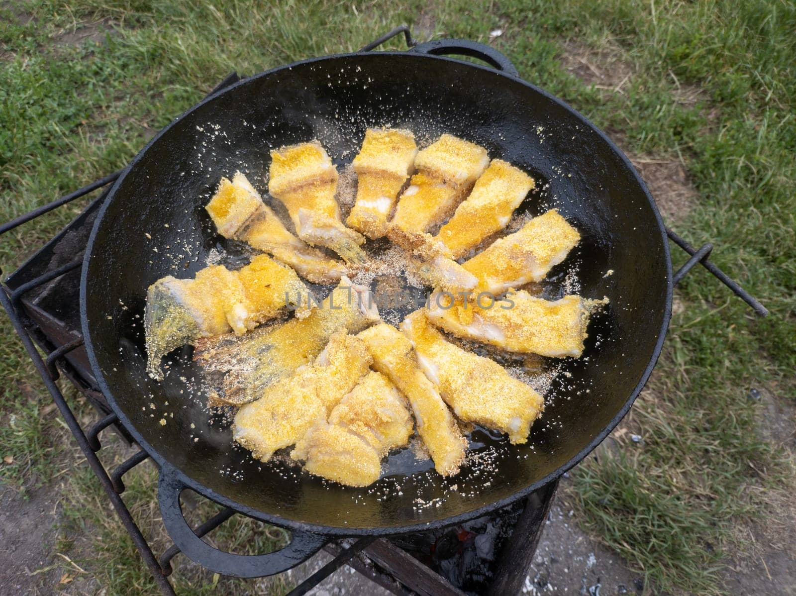 Roasting pike in a pan on fire. Small crispy pieces of fish are fried in oil. The concept of cooking food in nature. Shallow depth of field