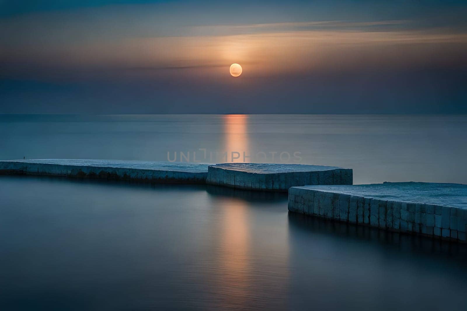 Moonlight in ocean landscape. The ocean stretches out as far as the eye can see, its surface a canvas of deep, midnight blue. AI generated image