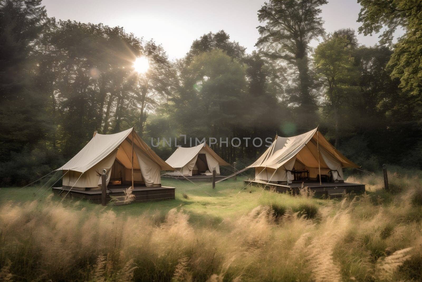 luxury travel light forest canvas tent glamping camping nature vacation. Generative AI. by SHOTPRIME