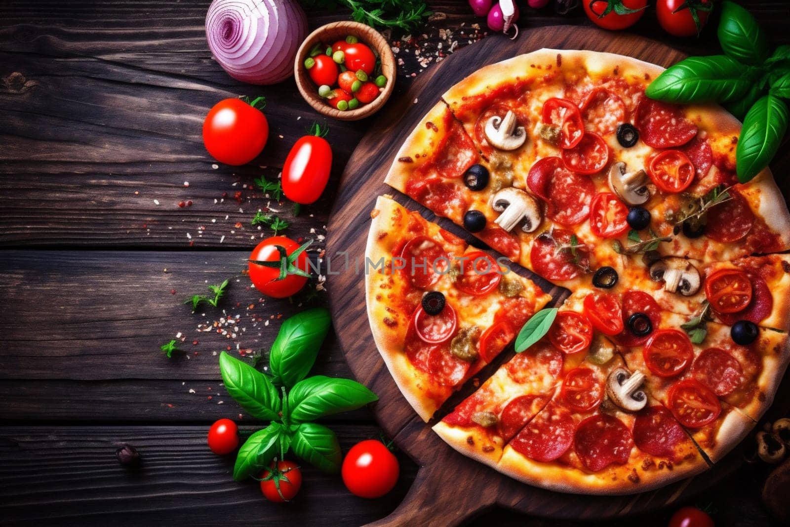 fast space food italian black food meal cheese pizza copy tasty tomato background. Generative AI. by SHOTPRIME