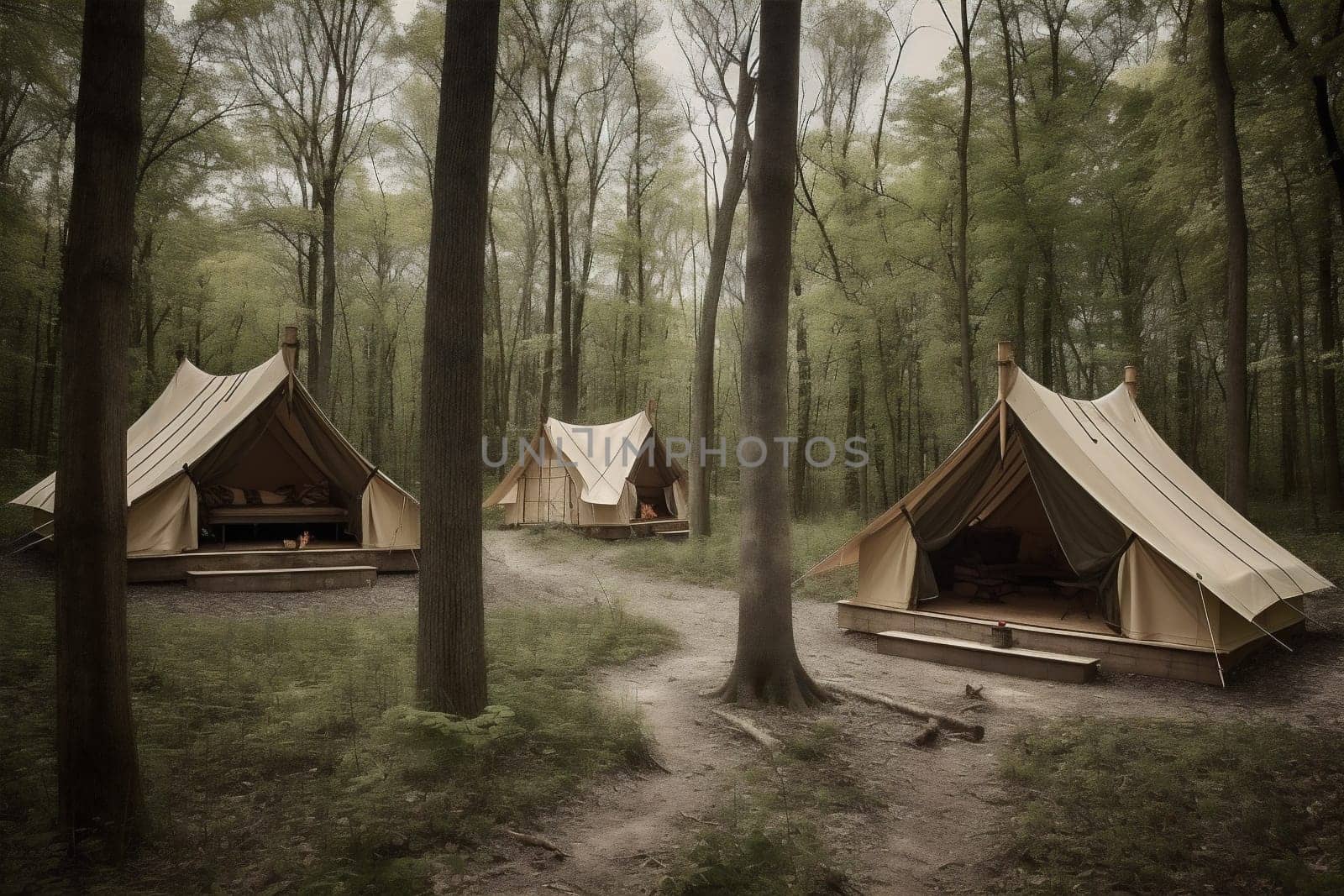forest night relax light sky lounge summer comfort luxury tent camping glamping canvas nature beautiful white travel retreat romantic vacation. Generative AI.