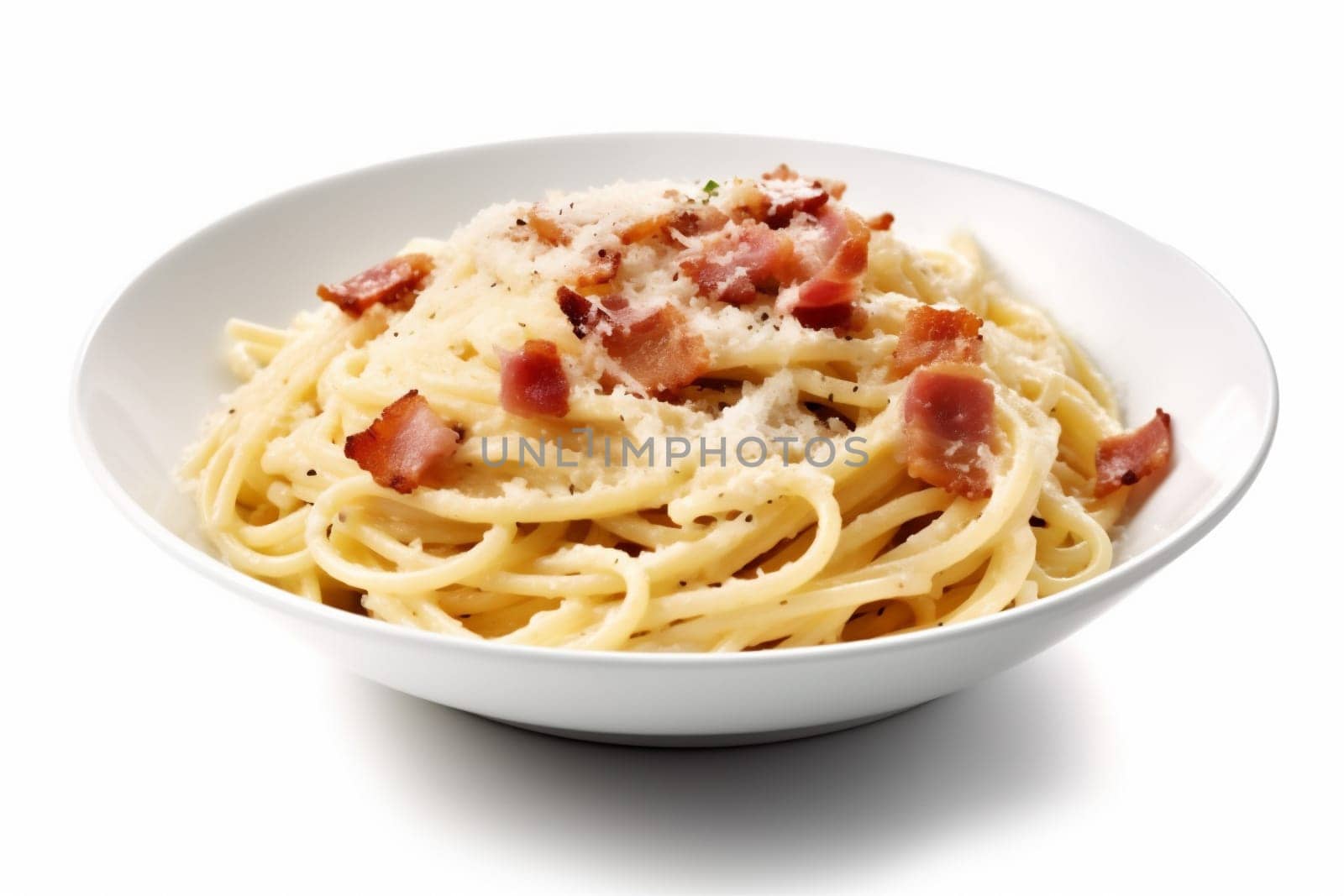 italian spaghetti carbonara isolated pasta lunch plate food fresh background cheese. Generative AI. by SHOTPRIME