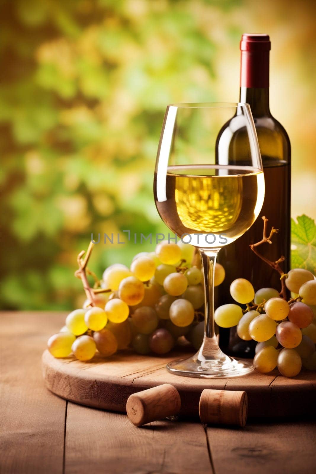 bottle party table alcohol liquid beverage fruit red restaurant nature drink sunny background wine winery still glass grape cork green food. Generative AI.
