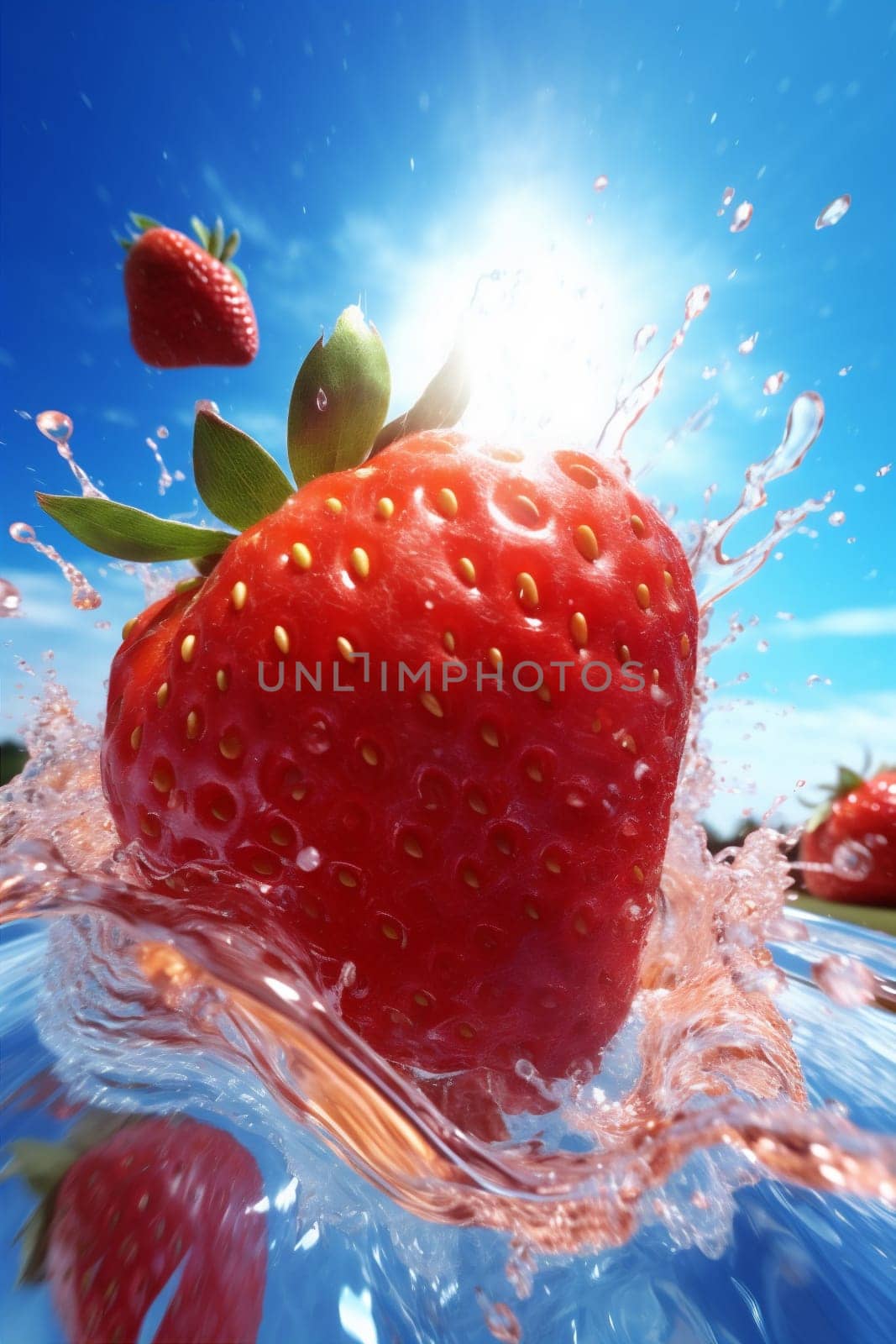 liquid berry clear freshness healthy fruit ripe milk blue splash water azure raw beautiful juice vegetarian strawberry background fresh food red. Generative AI.