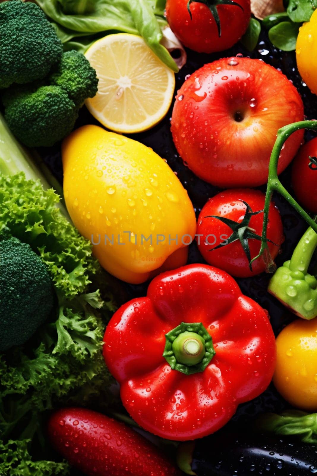 ingredient group drop tomato organic carrot vegetable fruit fresh vegan paprika food close-up wet water green healthy background pepper vegetarian object table. Generative AI.
