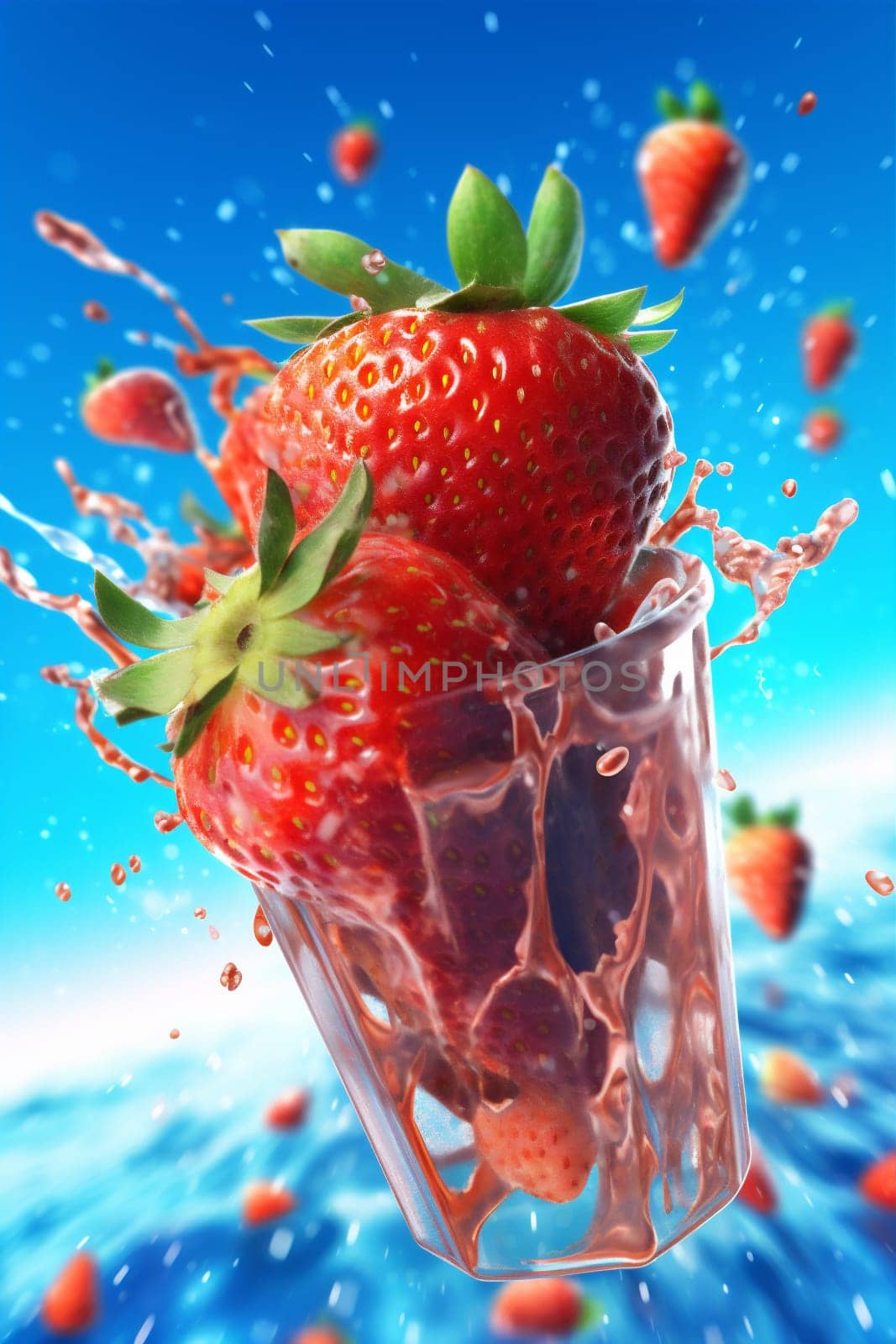 healthy background azure fruit strawberry splash berry red fresh splashing motion air freshness bubble blue water blue food ripe delicious organic. Generative AI.