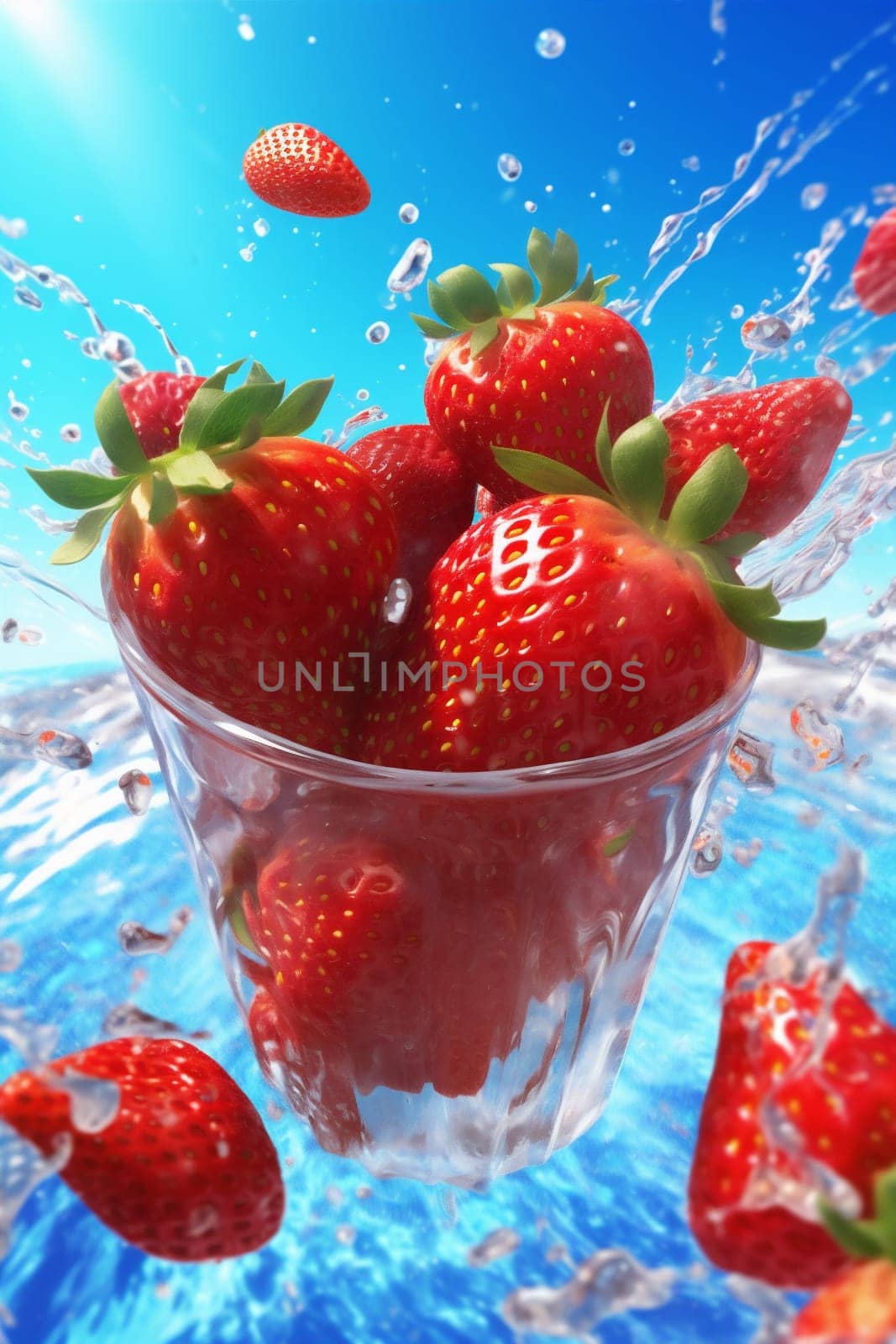 fresh food water healthy strawberry splash fruit background red blue freshness. Generative AI. by SHOTPRIME